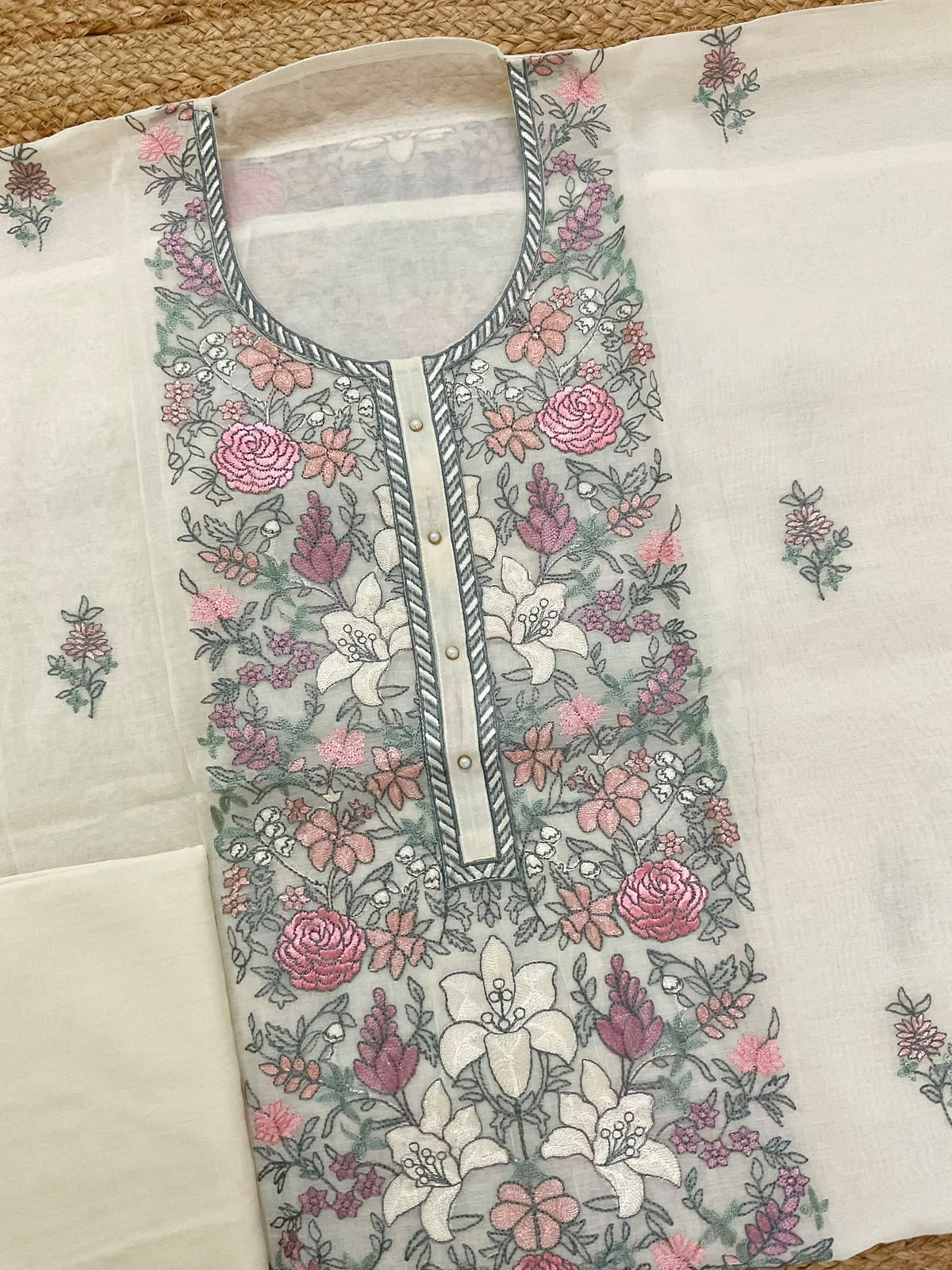 Soft Chanderi Embroidered Suit - Cream