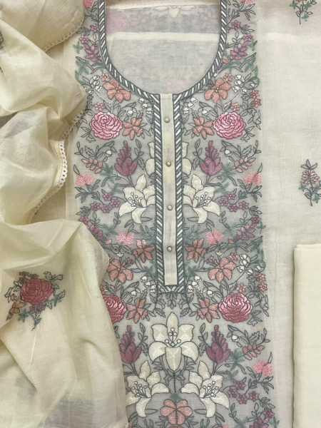 Image of Soft Chanderi Embroidered Suit - Cream