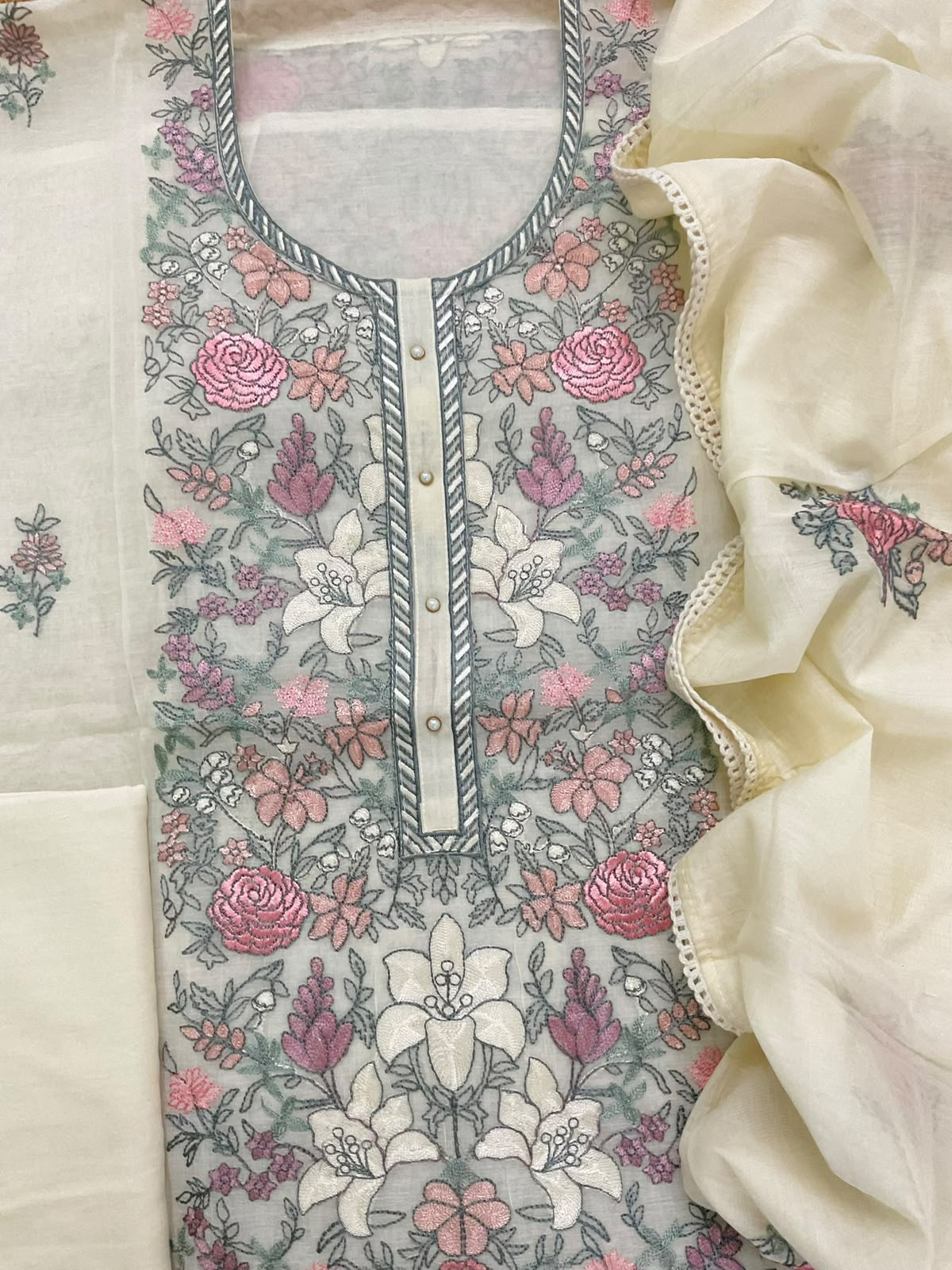 Soft Chanderi Embroidered Suit - Cream