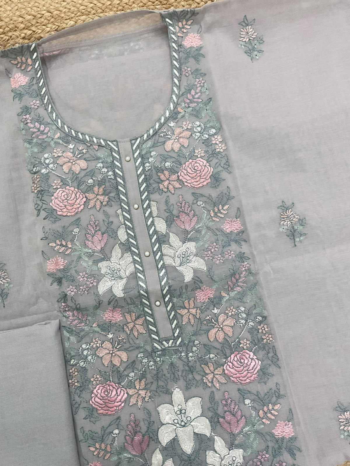 Soft Chanderi Embroidered Suit - Grey