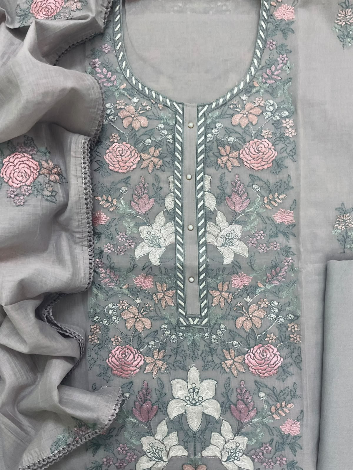 Soft Chanderi Embroidered Suit - Grey