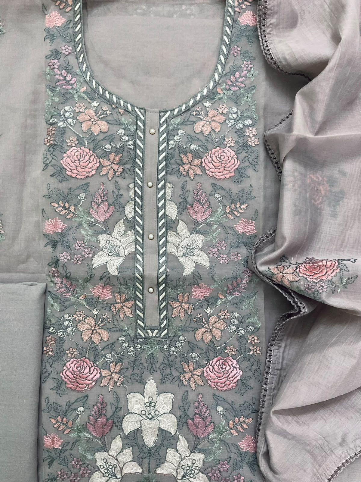Soft Chanderi Embroidered Suit - Grey