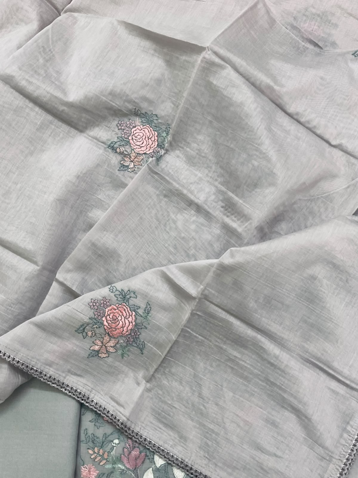 Soft Chanderi Embroidered Suit - Grey