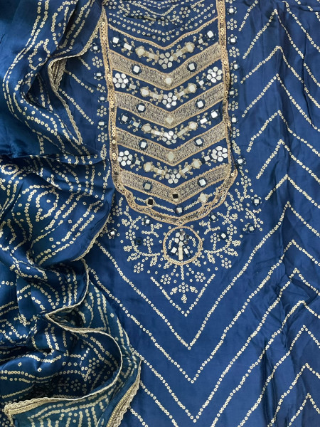 Image of Soft Gajji Silk Printed Embroidered Suit - Blue