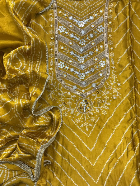 Image of Soft Gajji Silk Printed Embroidered Suit - Yellow