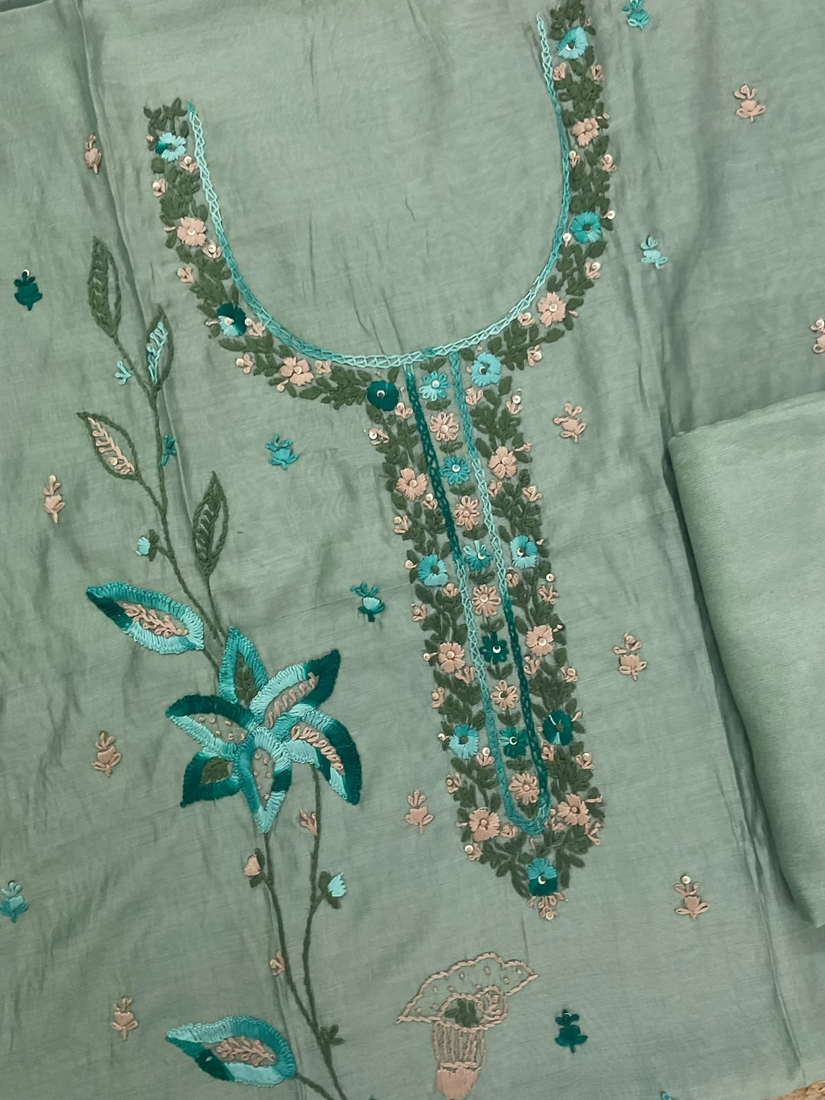Soft Chanderi Embroidered Suit - Green