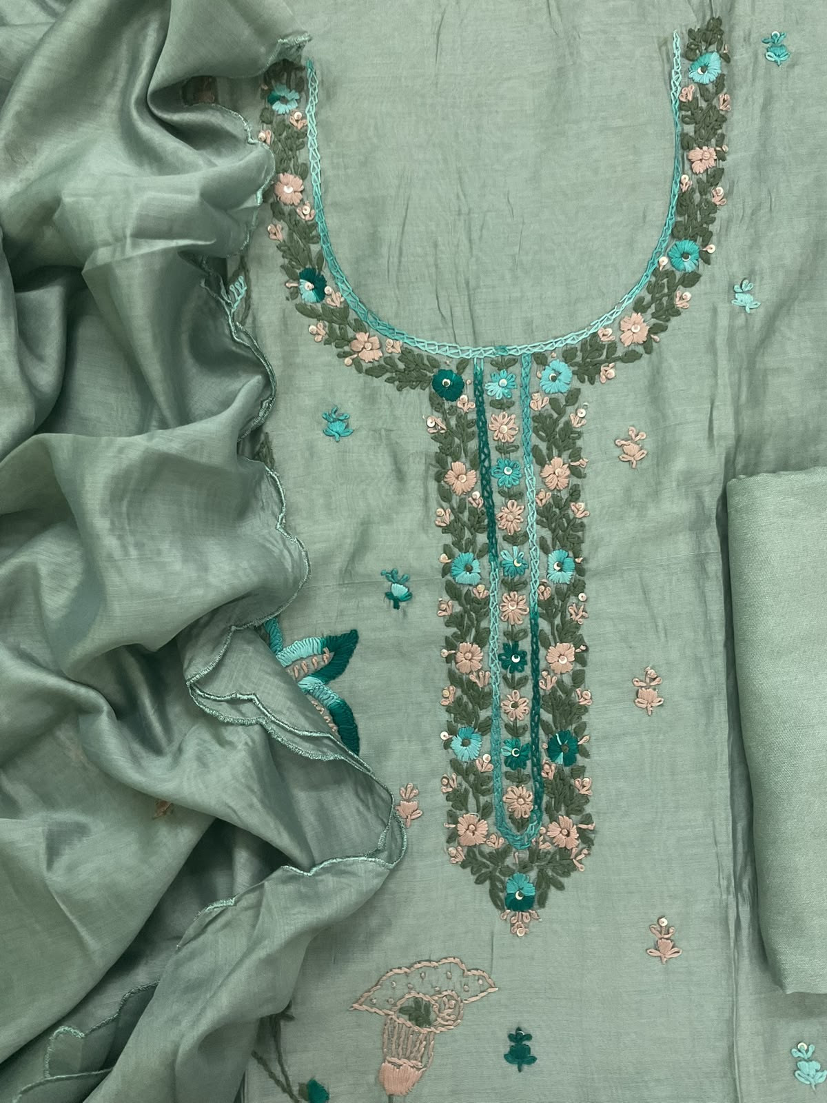 Soft Chanderi Embroidered Suit - Green