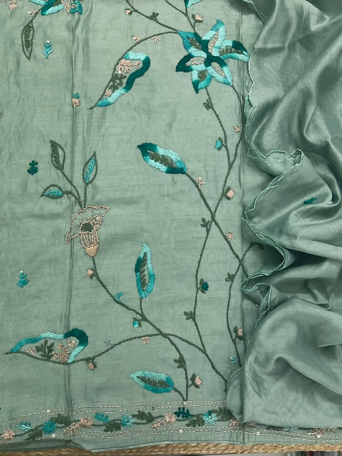Soft Chanderi Embroidered Suit - Green
