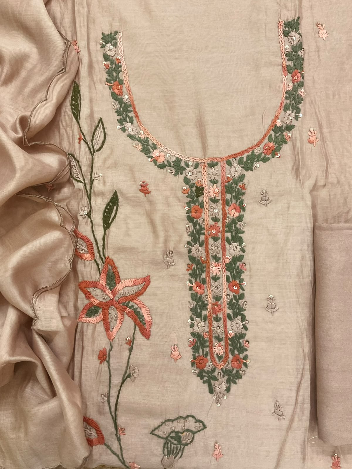 Soft Chanderi Embroidered Suit - Beige