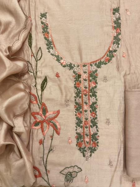 Image of Soft Chanderi Embroidered Suit - Beige