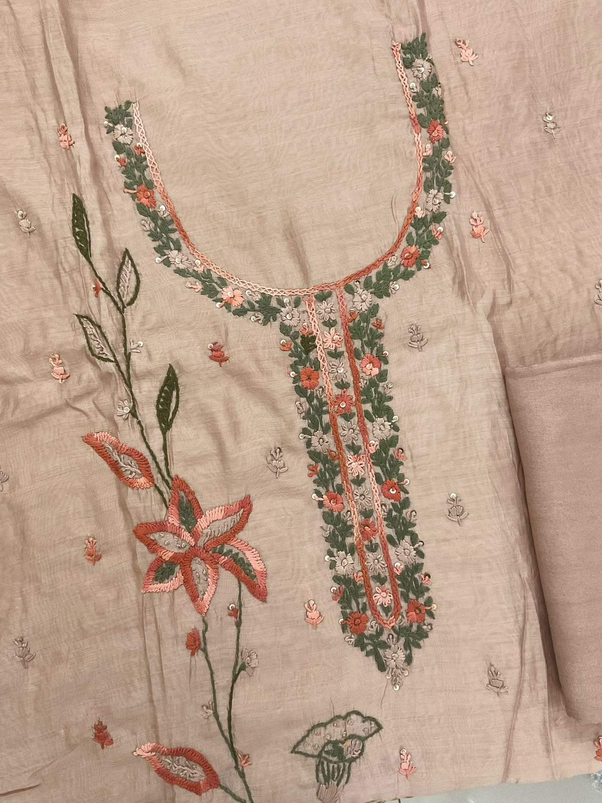 Soft Chanderi Embroidered Suit - Beige