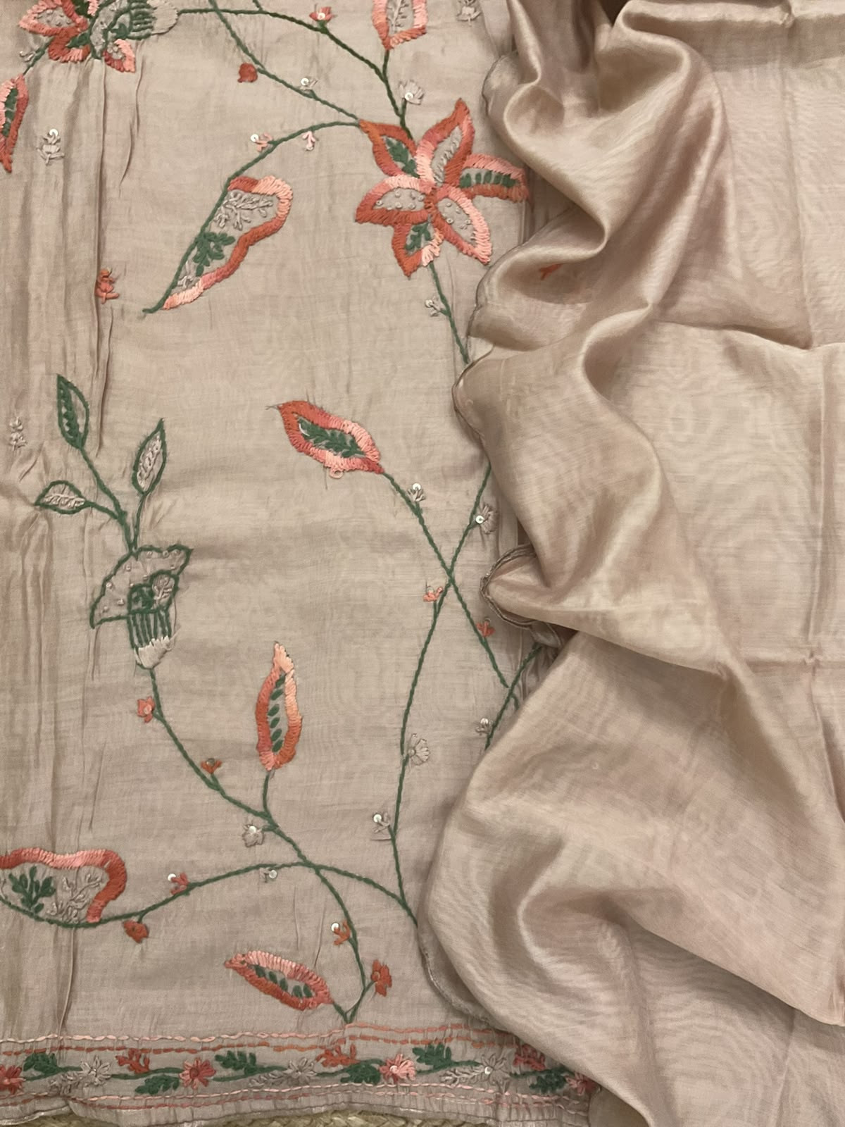 Soft Chanderi Embroidered Suit - Beige