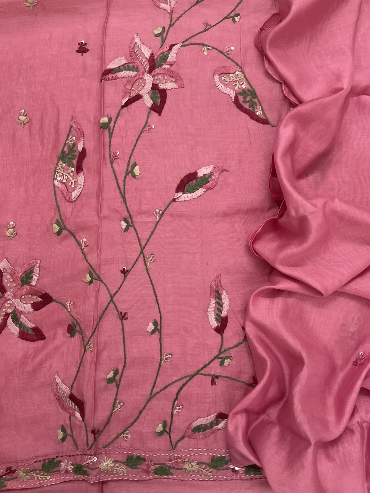 Soft Chanderi Embroidered Suit - Pink