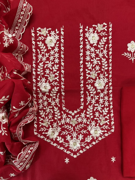 Image of Soft Chanderi Embroidered Suit - Red