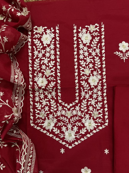 Image of Soft Chanderi Embroidered Suit - Maroon