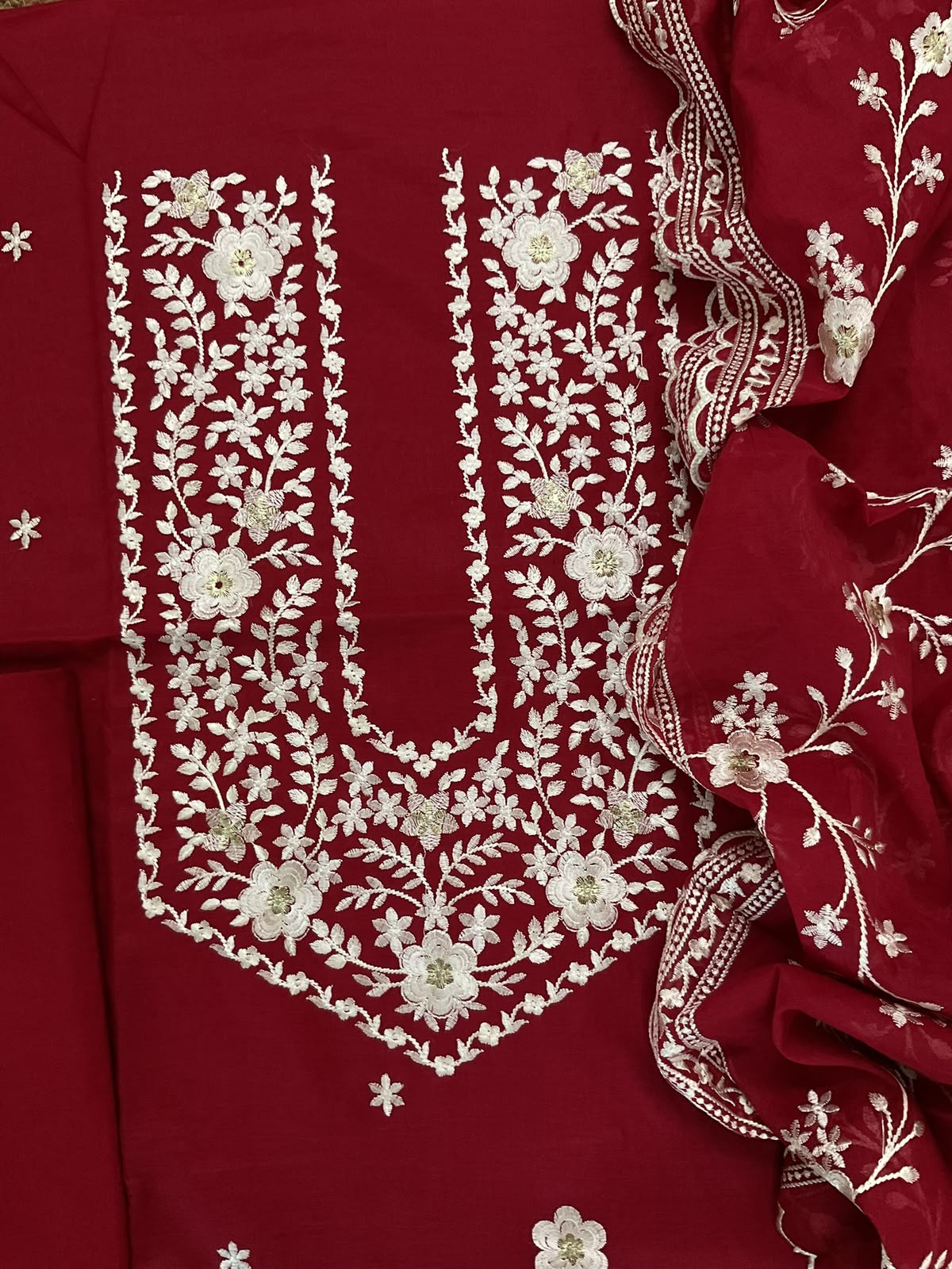 Soft Chanderi Embroidered Suit - Maroon