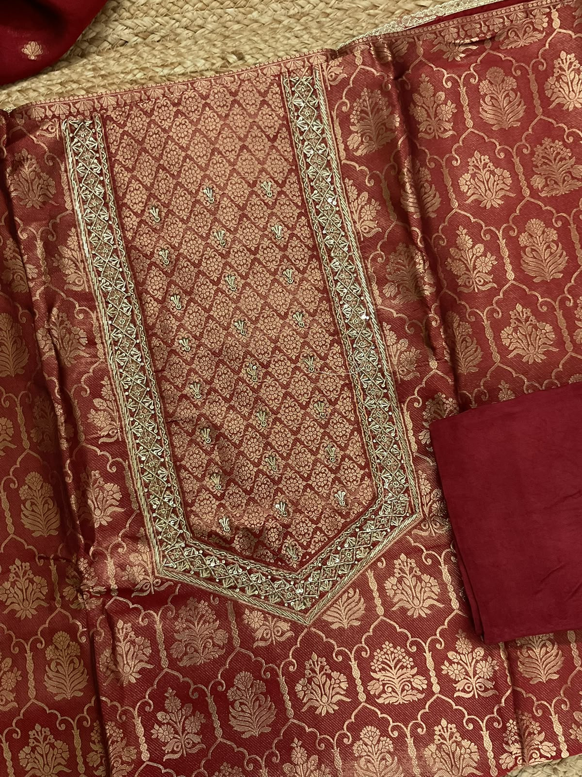 Soft Dola Silk Banarasi Weaved Brocade Embroidered Suit - Maroon