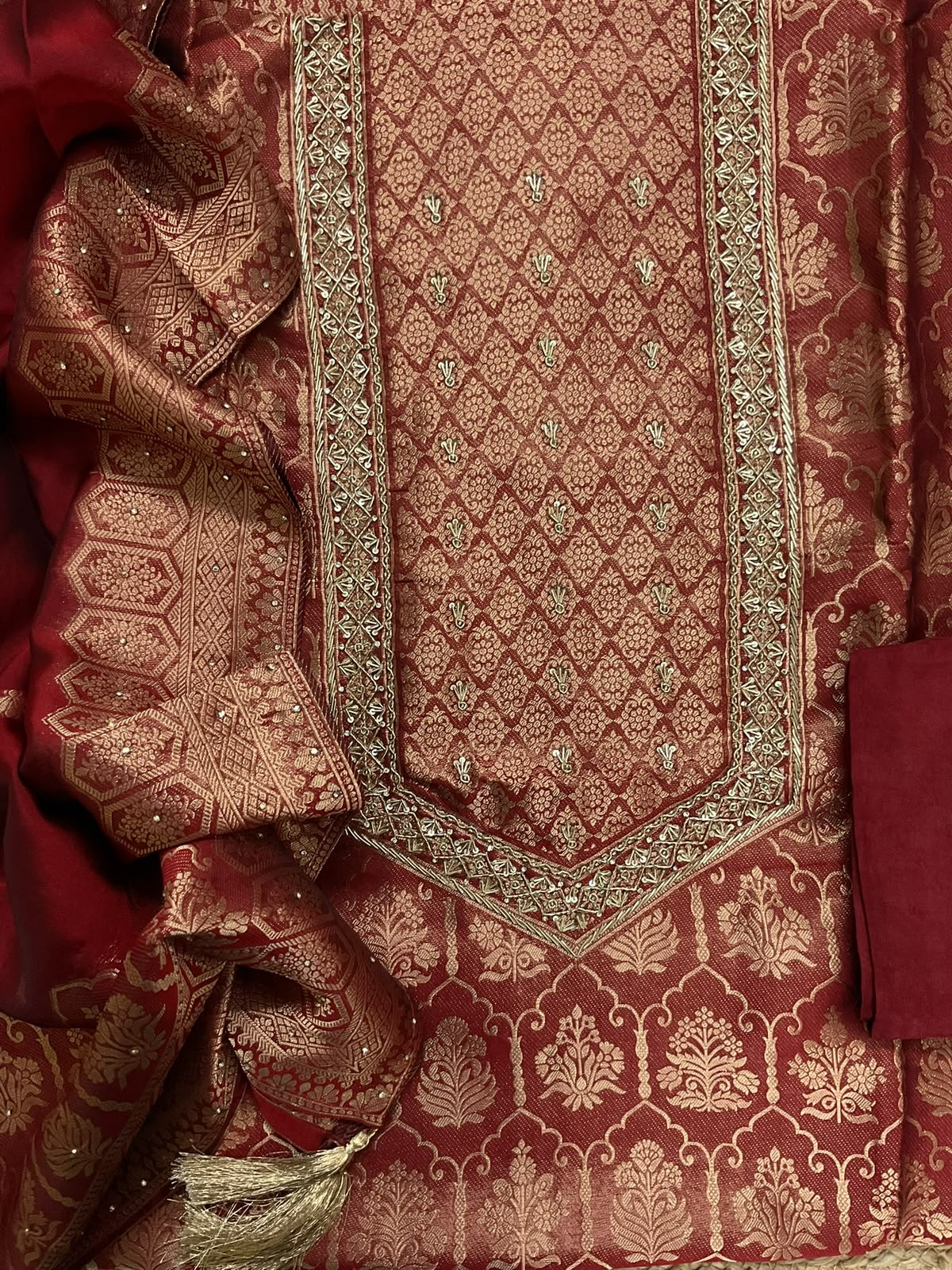 Soft Dola Silk Banarasi Weaved Brocade Embroidered Suit - Maroon