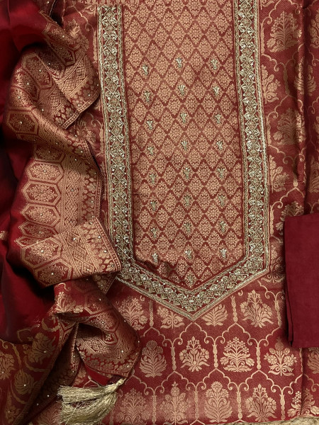 Image of Soft Dola Silk Banarasi Weaved Brocade Embroidered Suit - Maroon