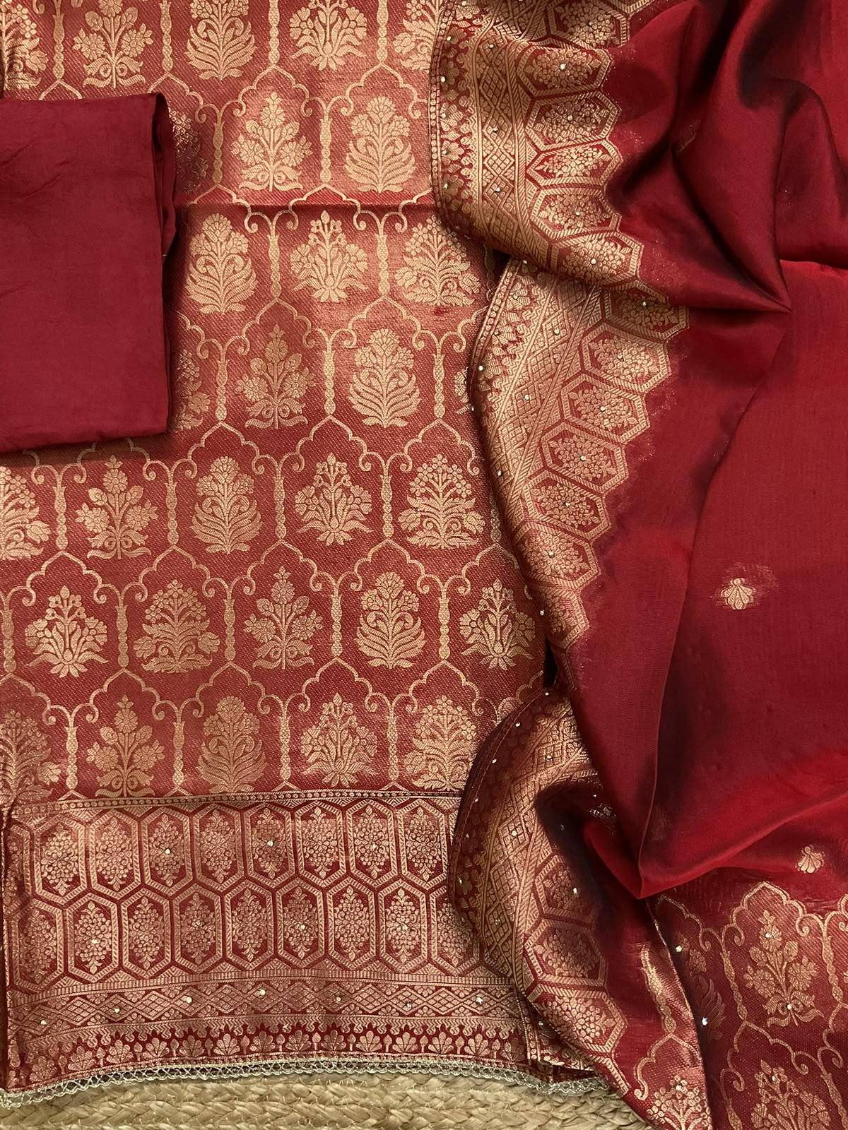 Soft Dola Silk Banarasi Weaved Brocade Embroidered Suit - Maroon