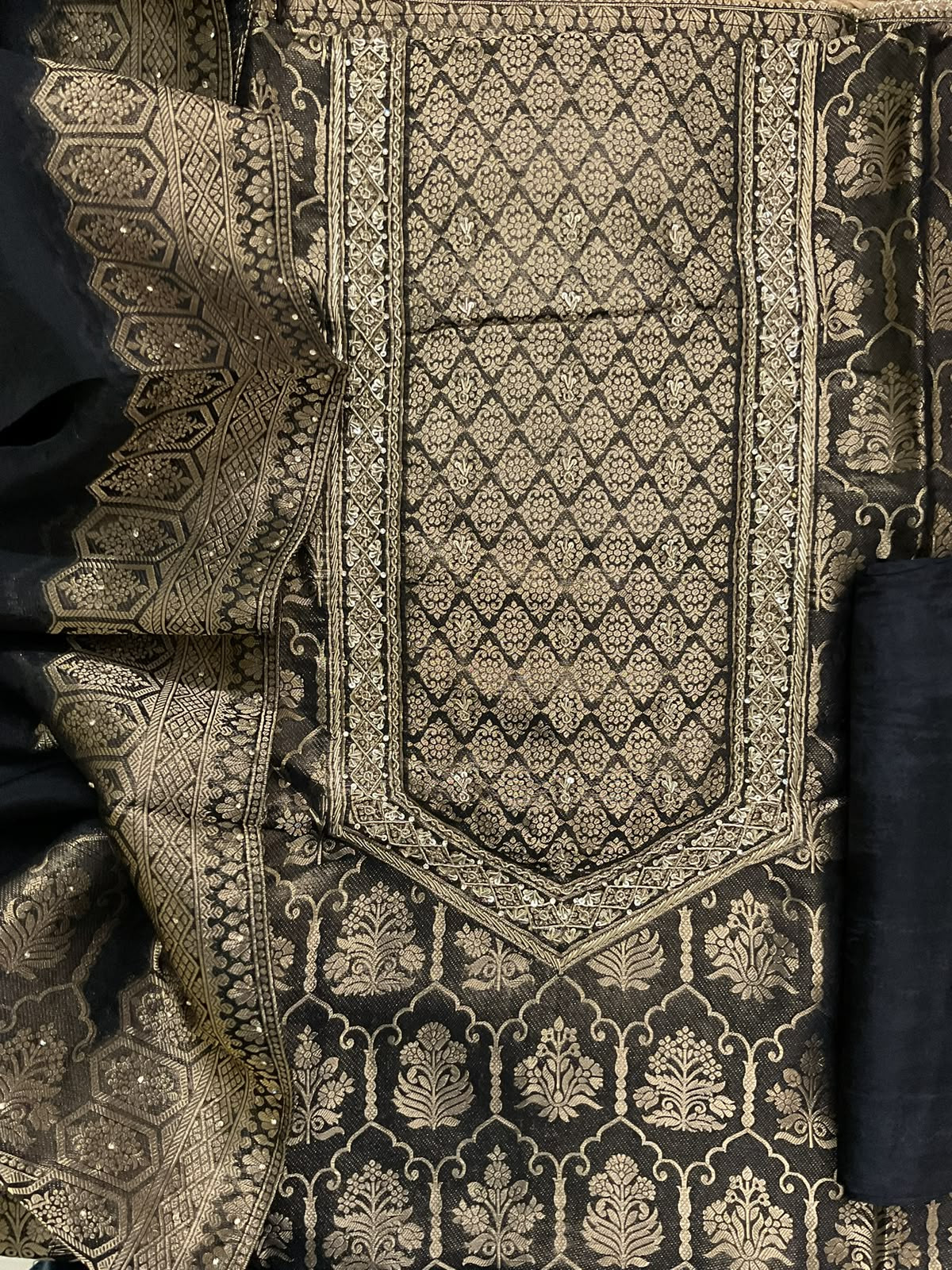 Soft Dola Silk Banarasi Weaved Brocade Embroidered Suit - Black