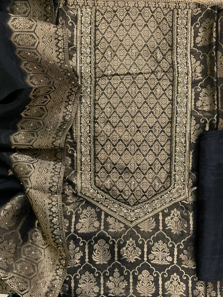 Image of Soft Dola Silk Banarasi Weaved Brocade Embroidered Suit - Black