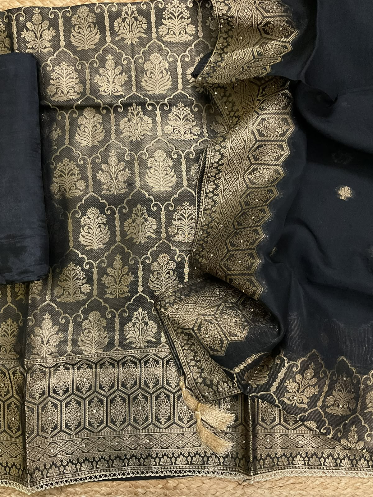 Soft Dola Silk Banarasi Weaved Brocade Embroidered Suit - Black