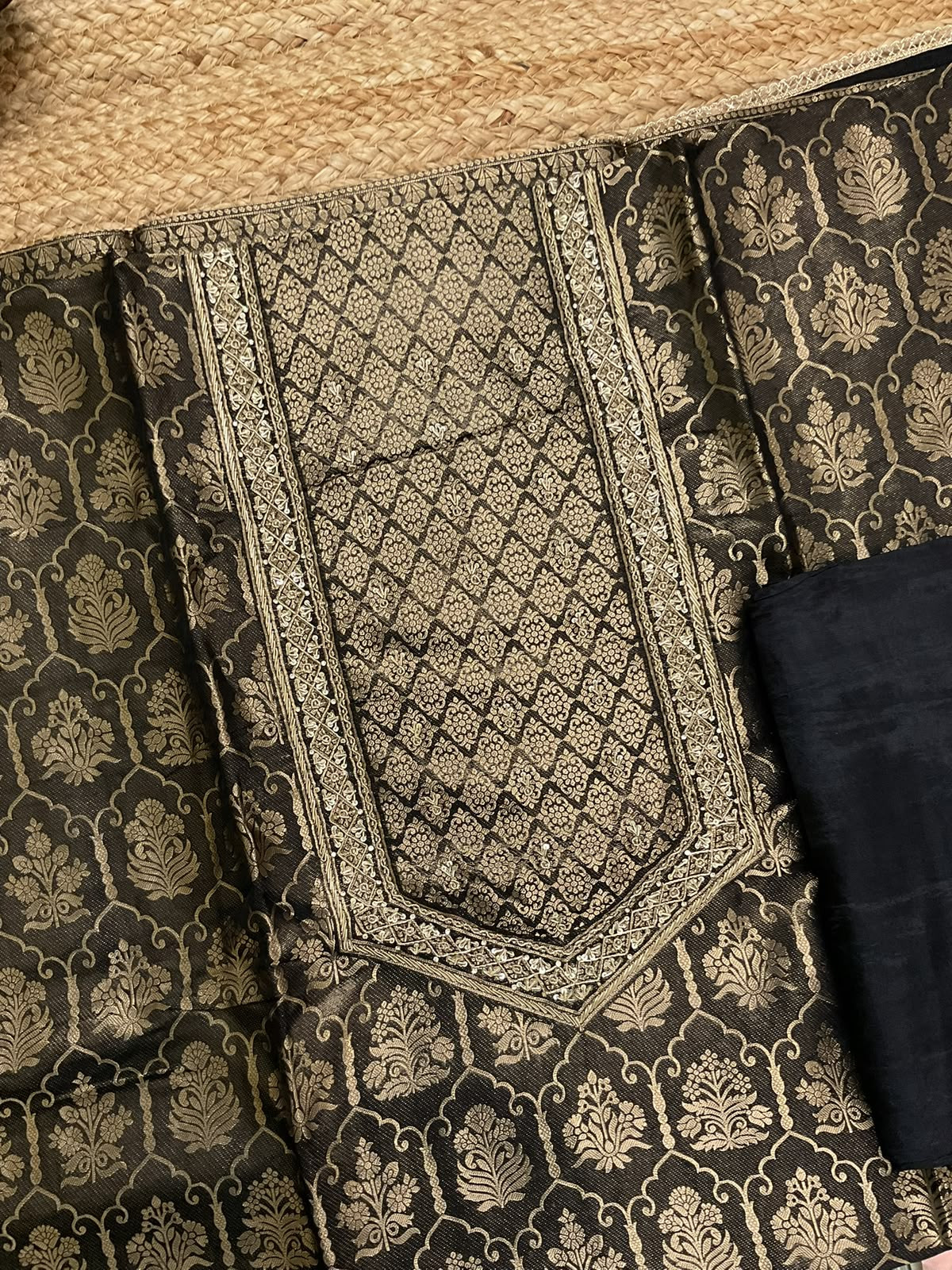 Soft Dola Silk Banarasi Weaved Brocade Embroidered Suit - Black