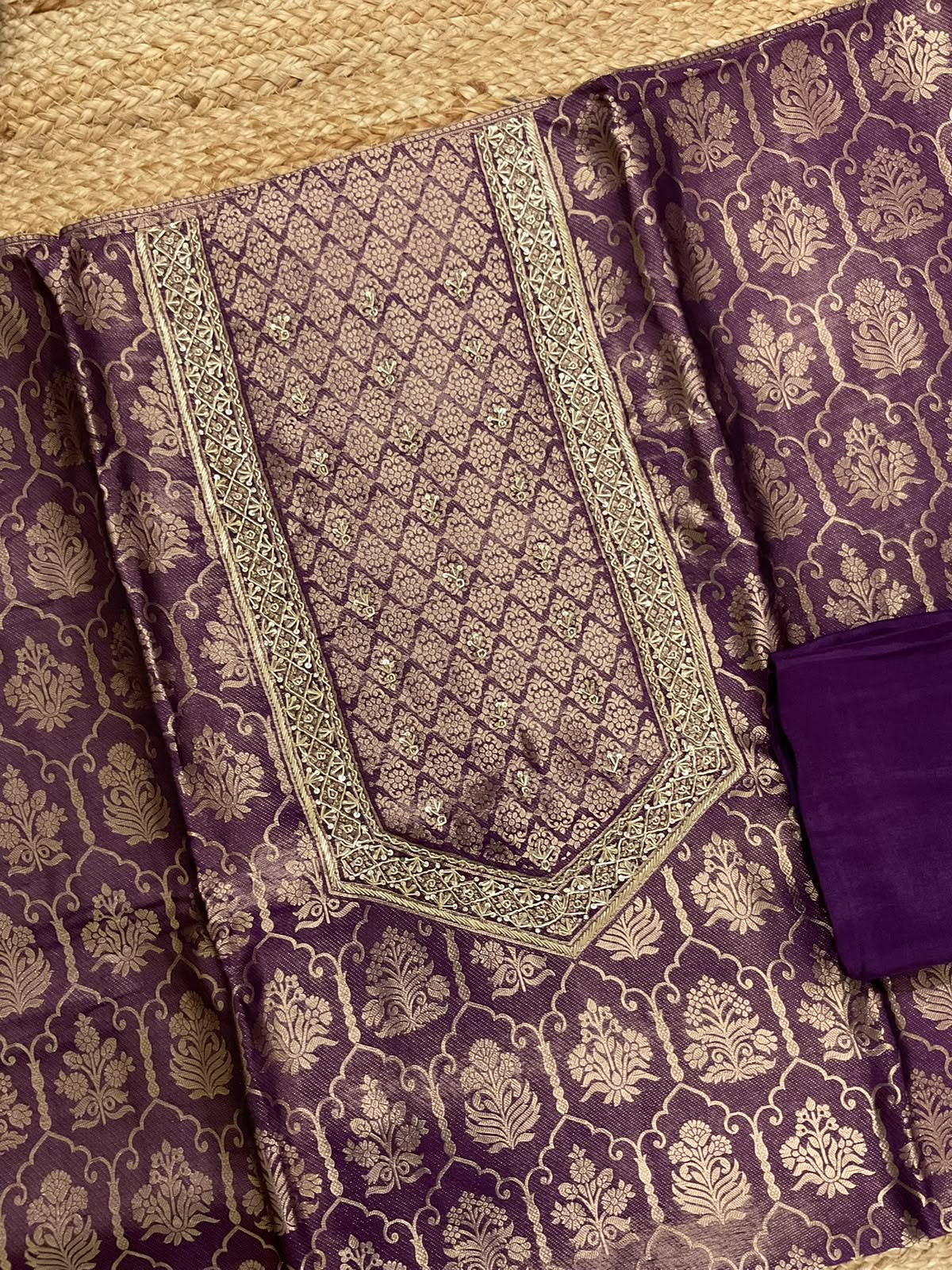 Soft Dola Silk Banarasi Weaved Brocade Embroidered Suit - Violet