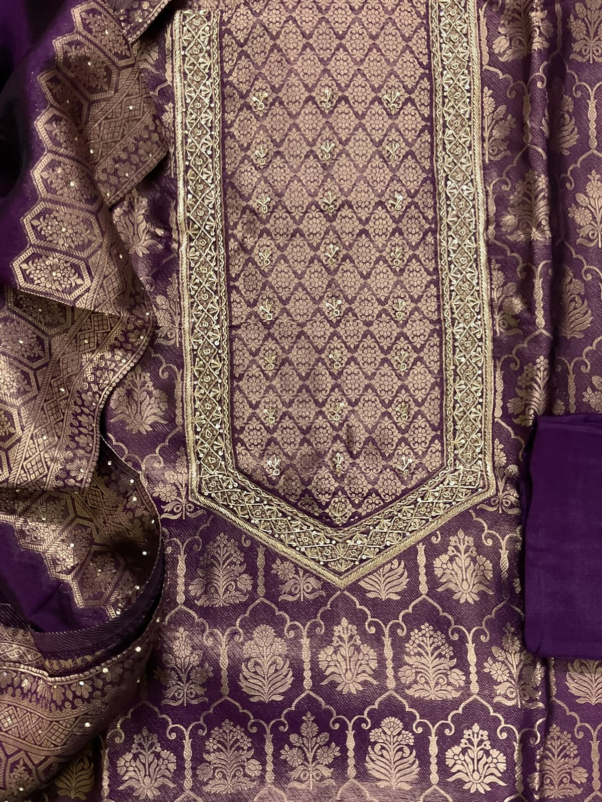 Soft Dola Silk Banarasi Weaved Brocade Embroidered Suit - Violet