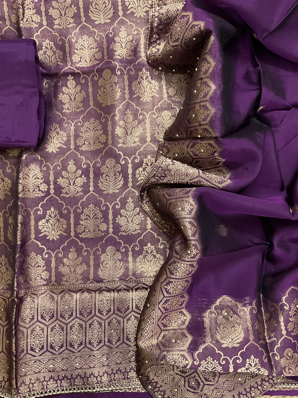 Soft Dola Silk Banarasi Weaved Brocade Embroidered Suit - Violet