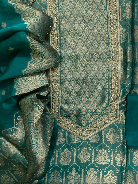 Image of Soft Dola Silk Banarasi Weaved Brocade Embroidered Suit - Peacock Green