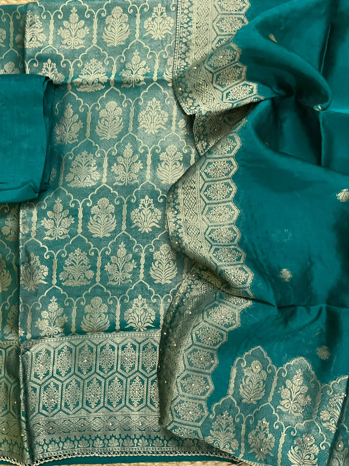 Soft Dola Silk Banarasi Weaved Brocade Embroidered Suit - Peacock Green