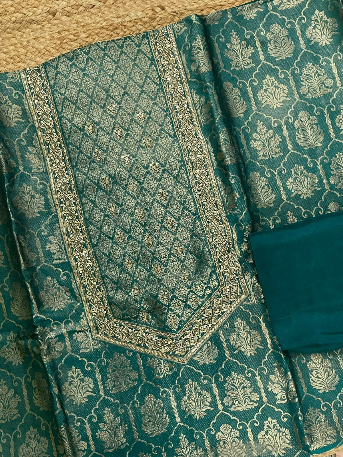 Soft Dola Silk Banarasi Weaved Brocade Embroidered Suit - Peacock Green