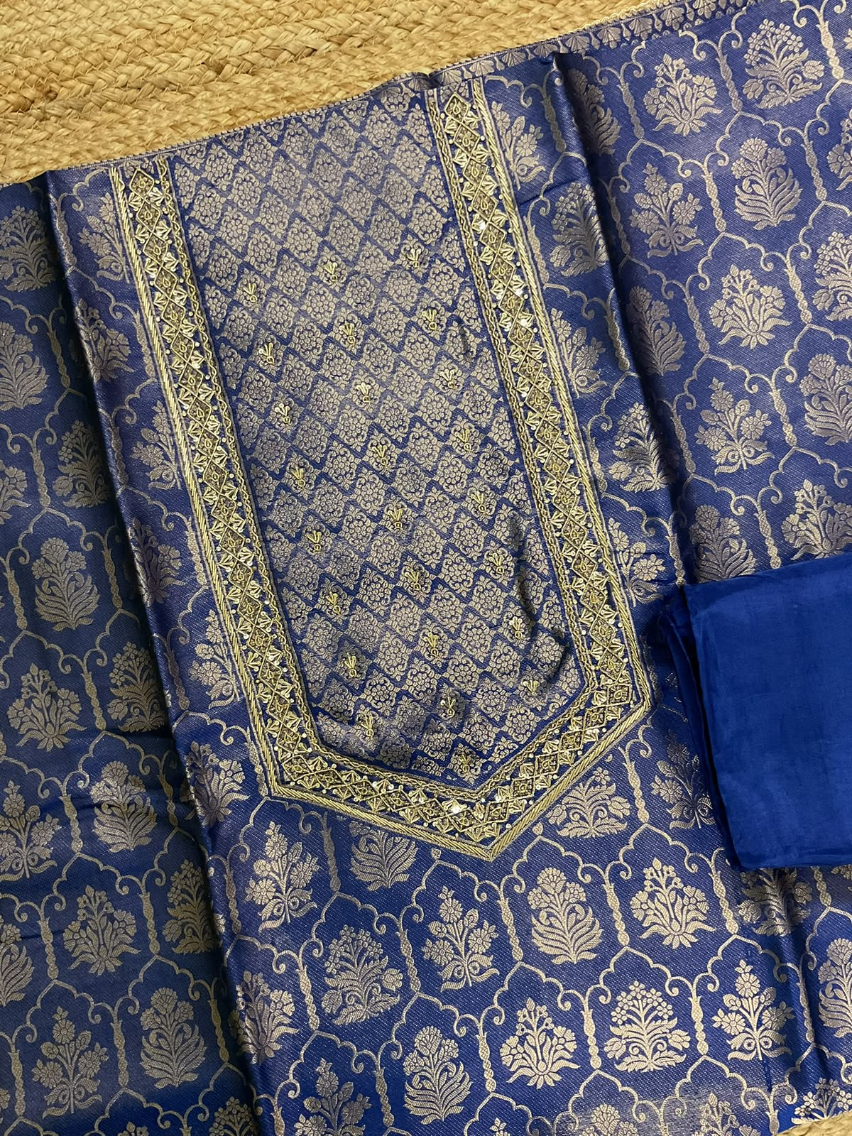 Soft Dola Silk Banarasi Weaved Brocade Embroidered Suit - Blue