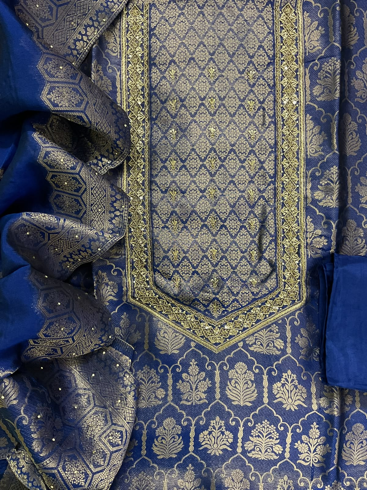 Soft Dola Silk Banarasi Weaved Brocade Embroidered Suit - Blue