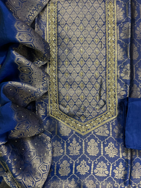 Image of Soft Dola Silk Banarasi Weaved Brocade Embroidered Suit - Blue