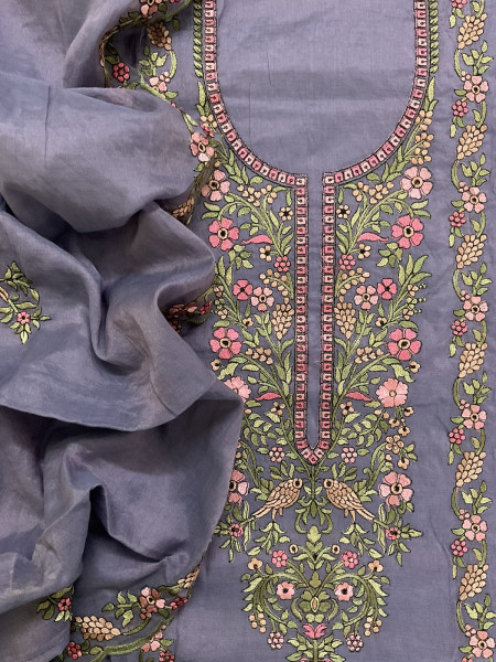 Image of Soft Chanderi Embroidered Suit - Lavender