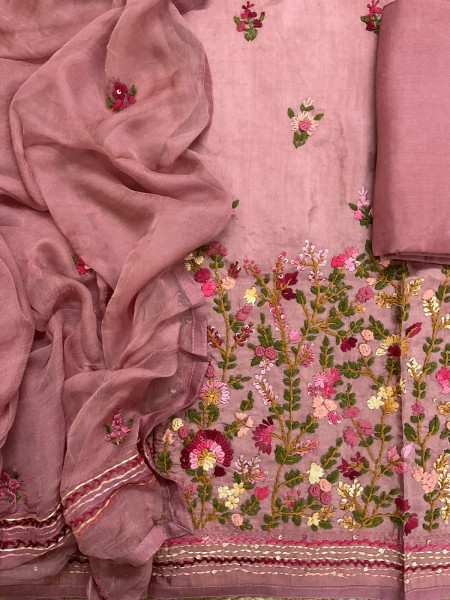 Image of Soft Dola Silk Embroidered Suit - Onion Pink