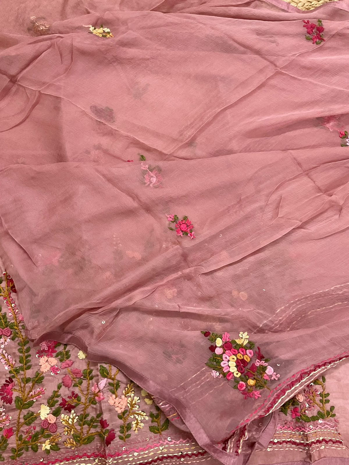 Soft Dola Silk Embroidered Suit - Onion Pink