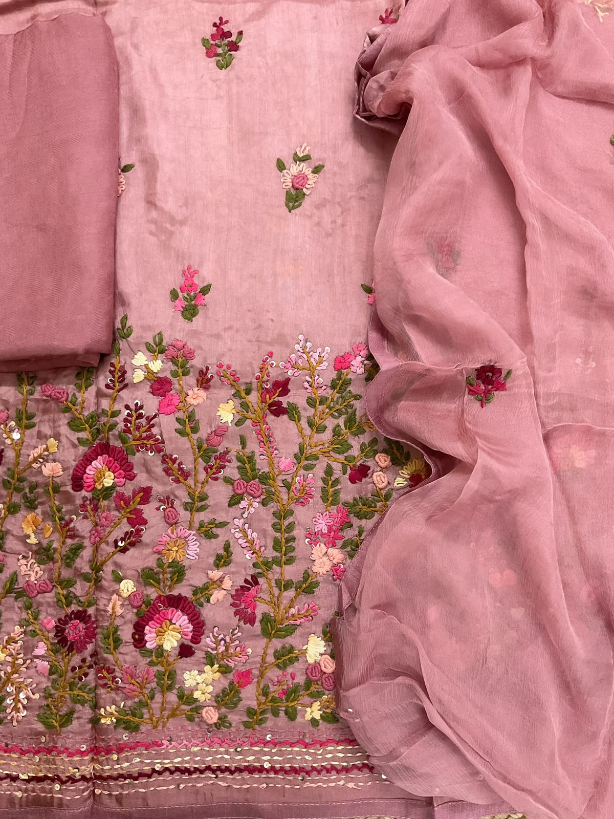 Soft Dola Silk Embroidered Suit - Onion Pink