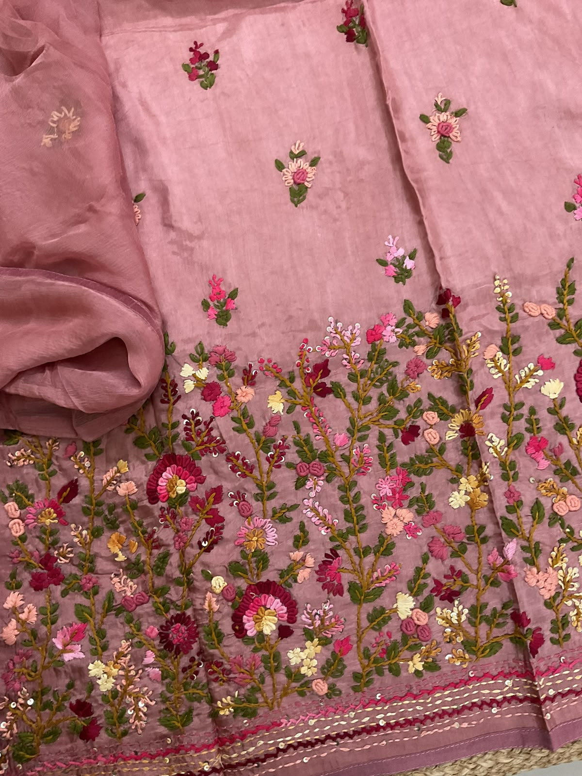 Soft Dola Silk Embroidered Suit - Onion Pink