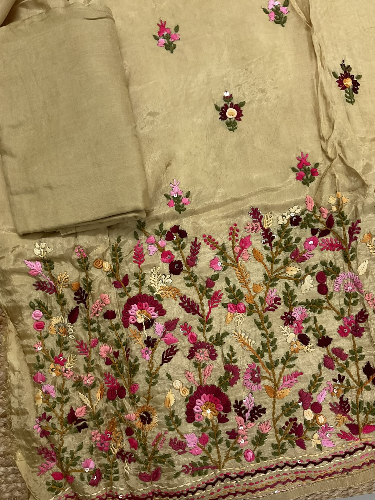 Soft Dola Silk Embroidered Suit - Beige