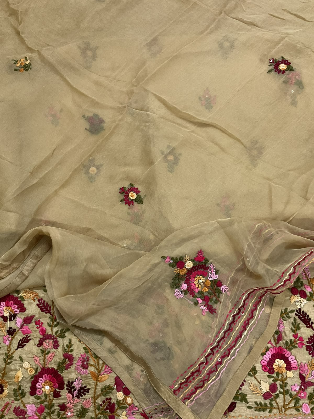 Soft Dola Silk Embroidered Suit - Beige