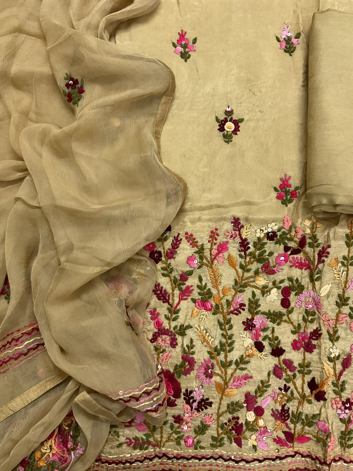 Soft Dola Silk Embroidered Suit - Beige