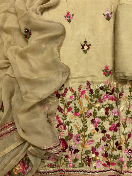 Image of Soft Dola Silk Embroidered Suit - Beige