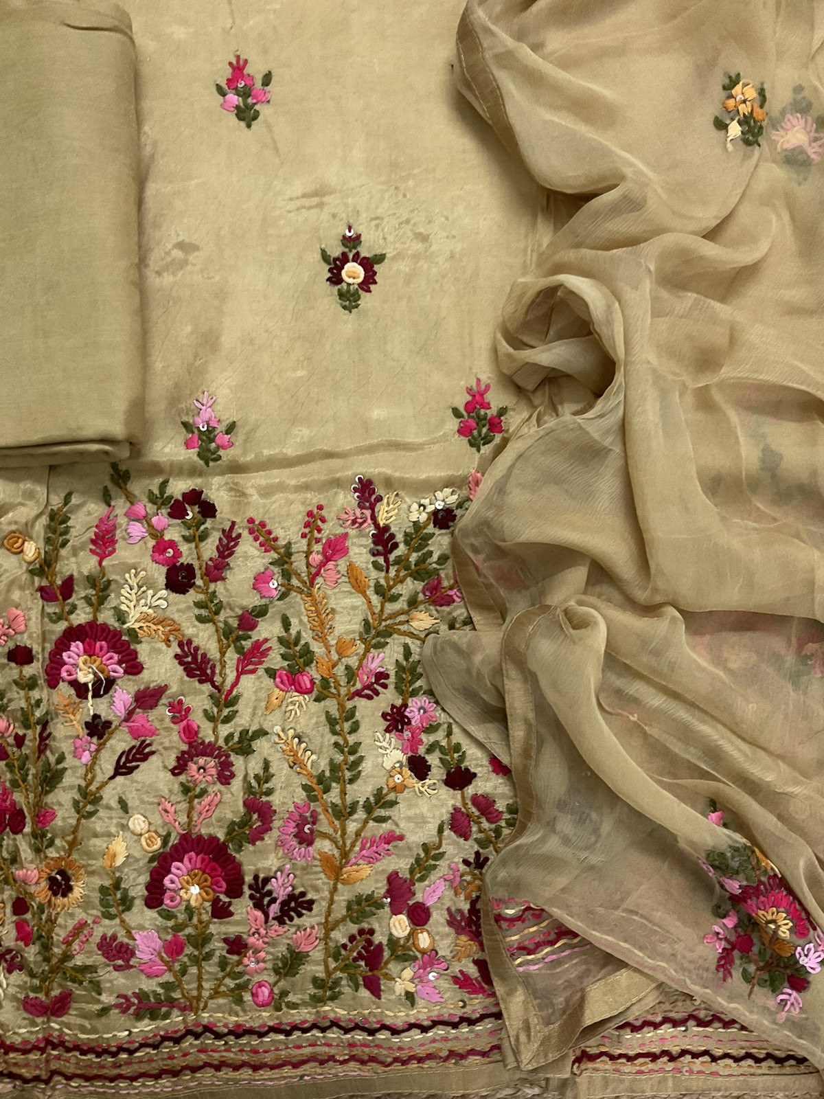 Soft Dola Silk Embroidered Suit - Beige