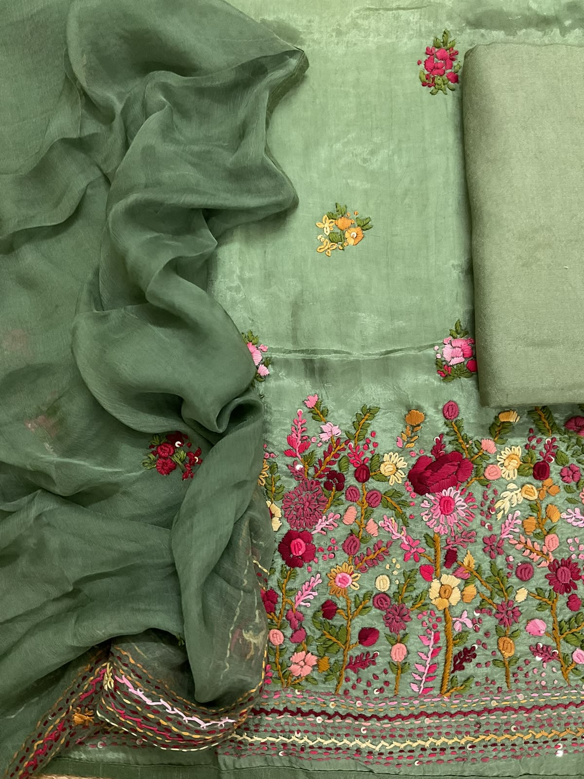 Soft Dola Silk Embroidered Suit - Green
