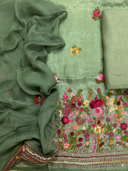 Image of Soft Dola Silk Embroidered Suit - Green