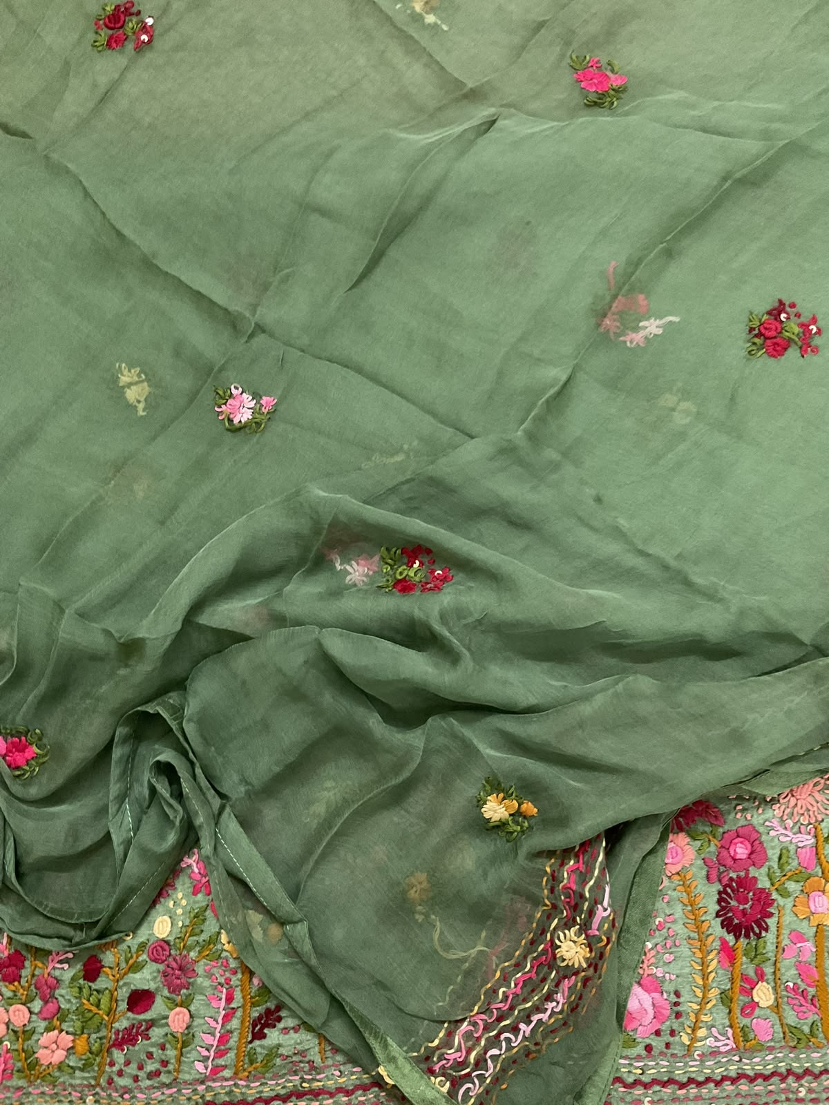 Soft Dola Silk Embroidered Suit - Green
